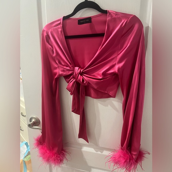 White Fox Hot Pink Long Sleeve Feathers Tie Up Top - Picture 4 of 6